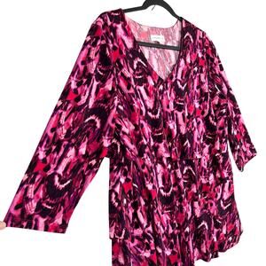 Susan Graver M Printed Liquid Knit V-Neck Pink 3/4 Sleeve Layered Tunic Top